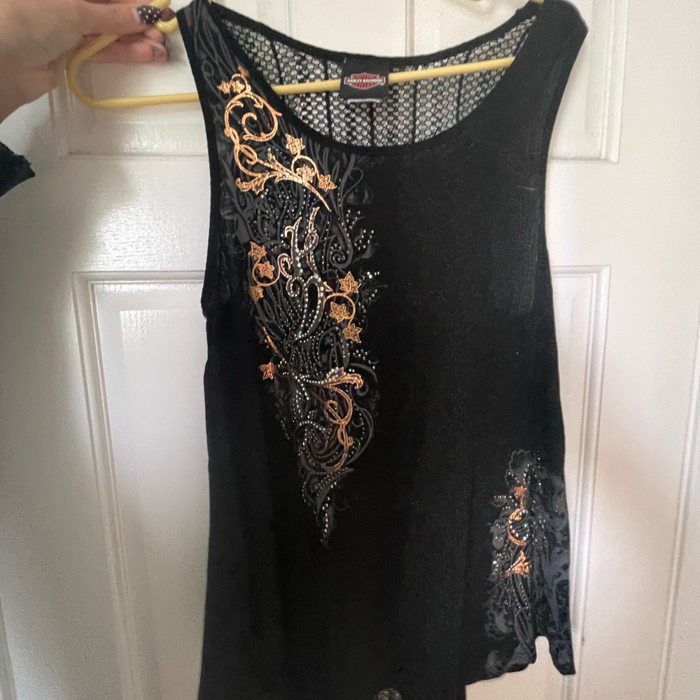 Harley-Davidson Black and Orange Graphic Tank Top